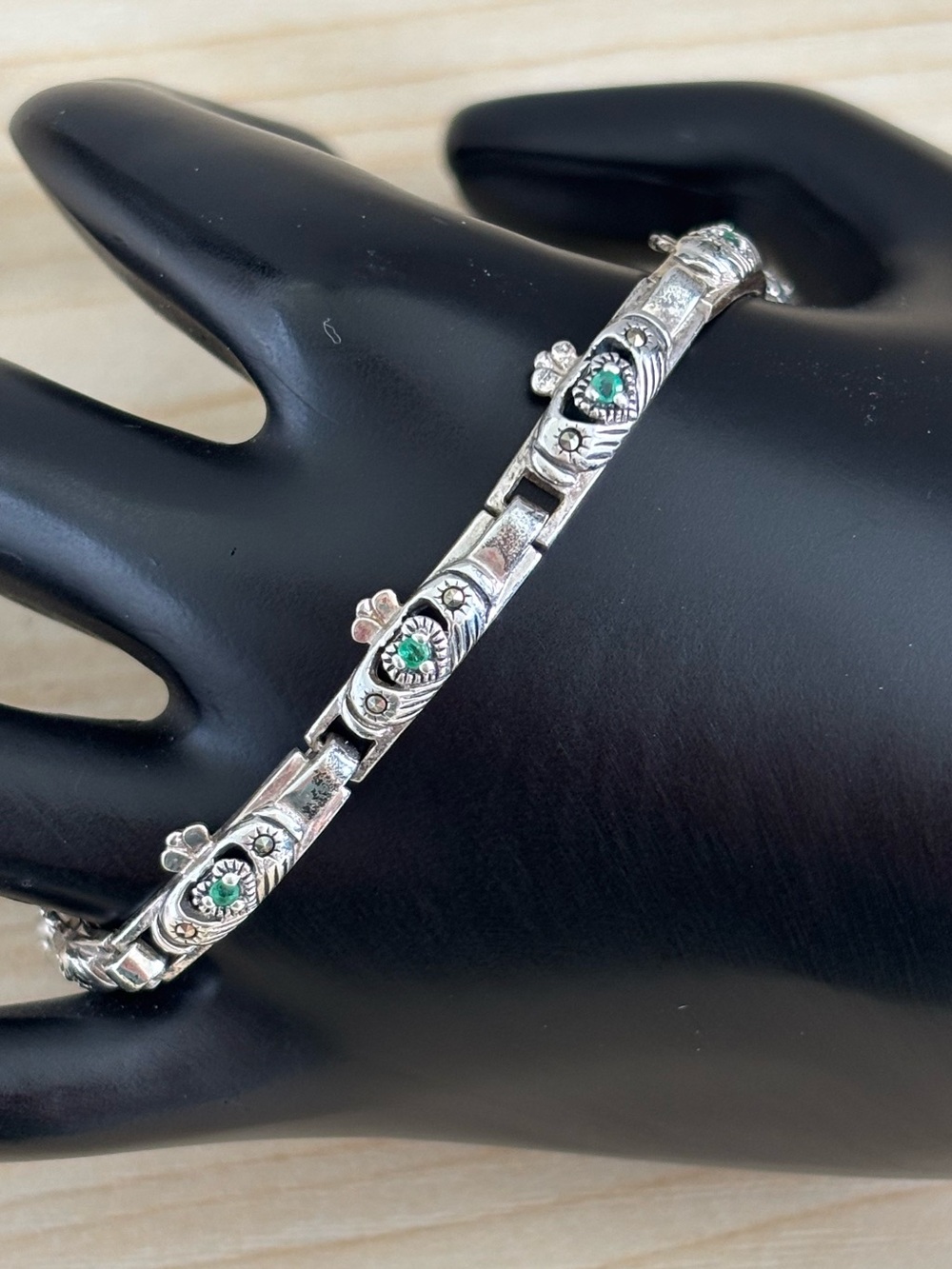 Vintage Sterling Silver Emerald & Marcasite Claddagh Bracelet